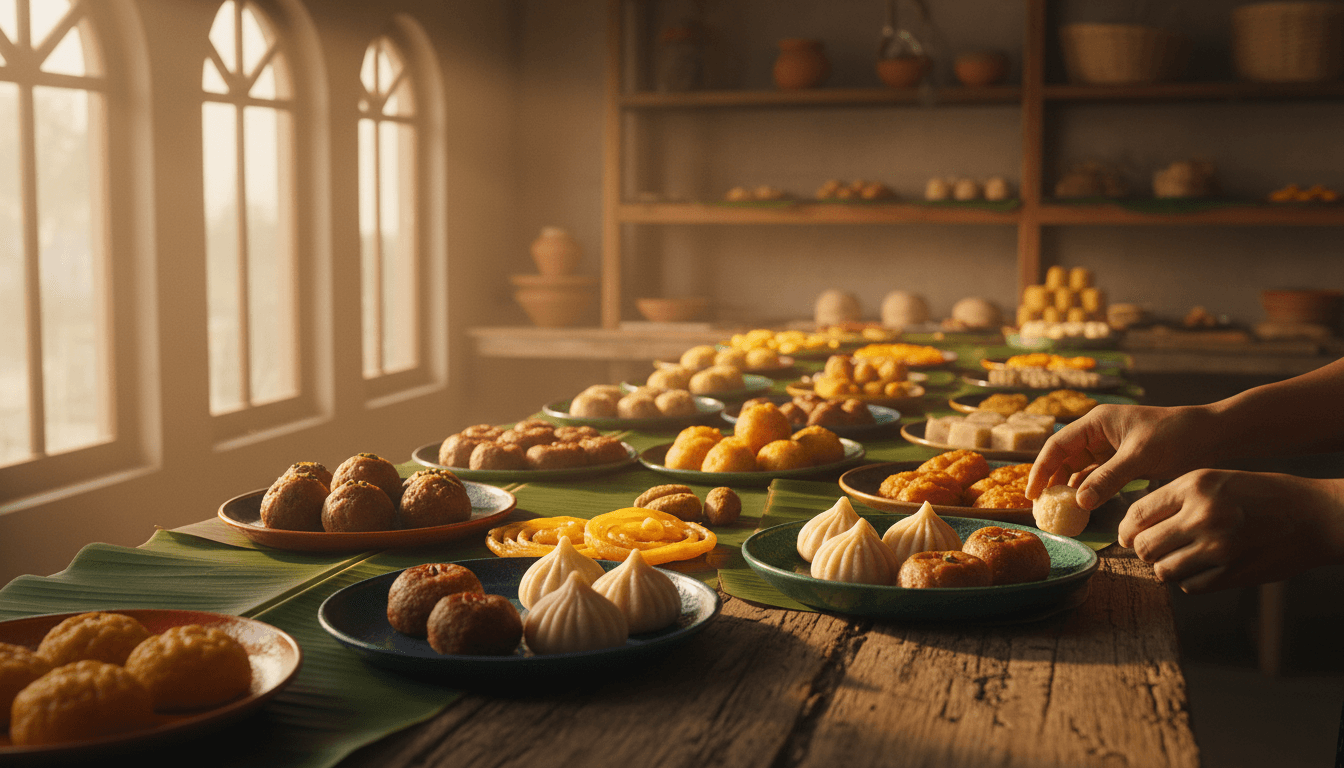 Fresh South Indian sweets and snacks beautifully arranged in SRI AYYANAR FOOD PRODUCT's bakery display