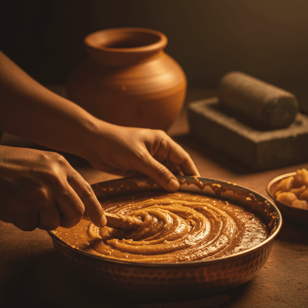 Handmade jaggery sweet being prepared
