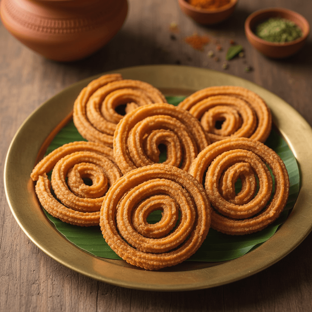 Golden murukku spirals on banana leaf