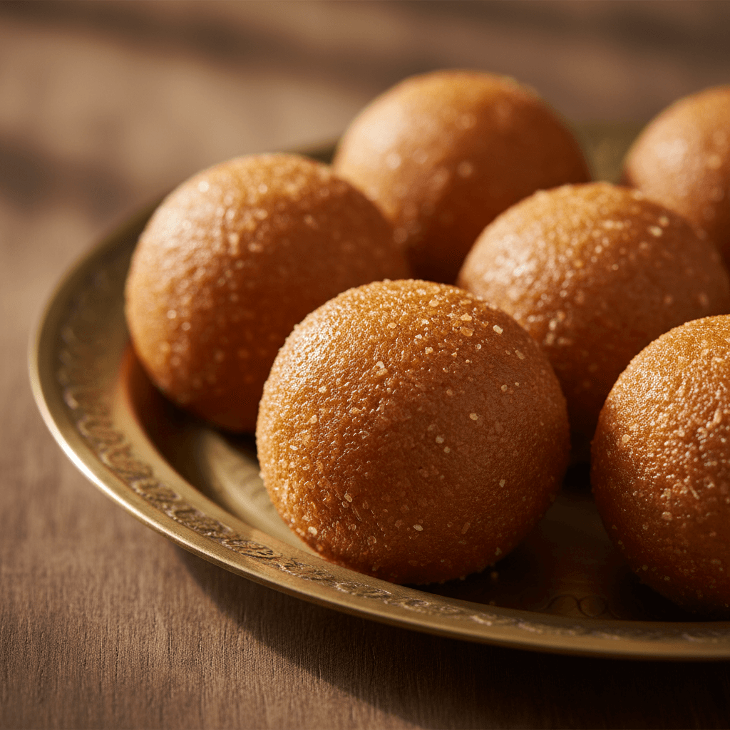 Golden jaggery laddus arranged on traditional brass plate