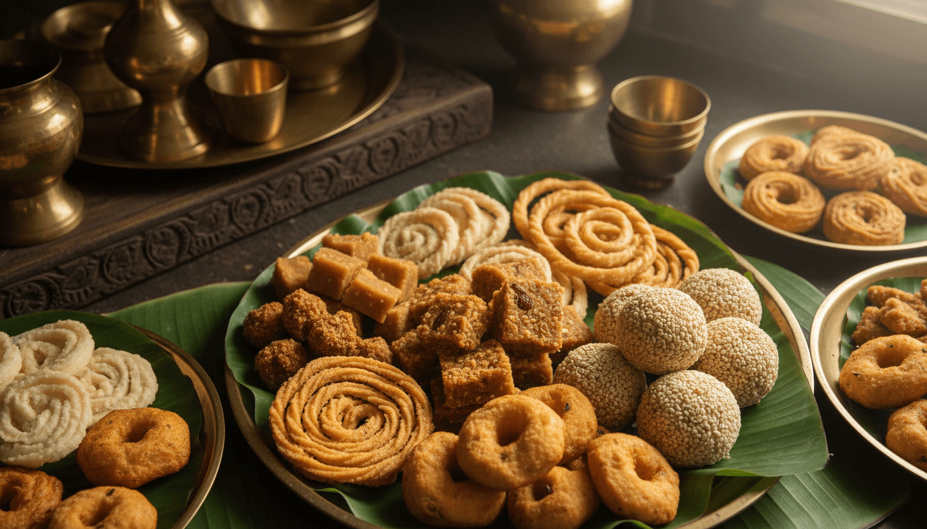 Assortment of fresh traditional South Indian sweets and snacks arranged on banana leaves in warm natural light
