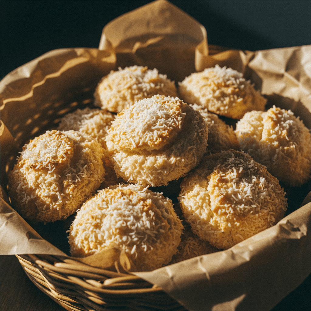 Fresh coconut macaroons in rustic wicker basket