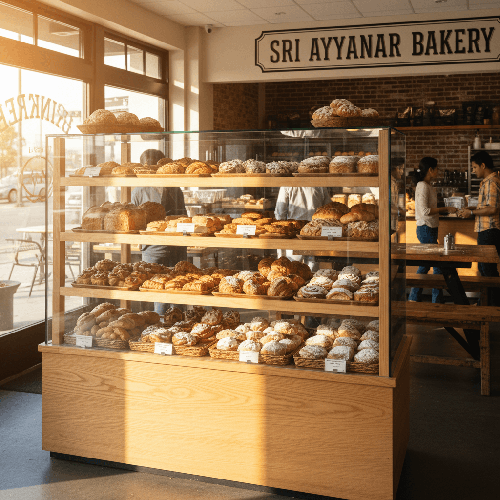 Fresh baked goods displayed daily at Sri Ayyanar