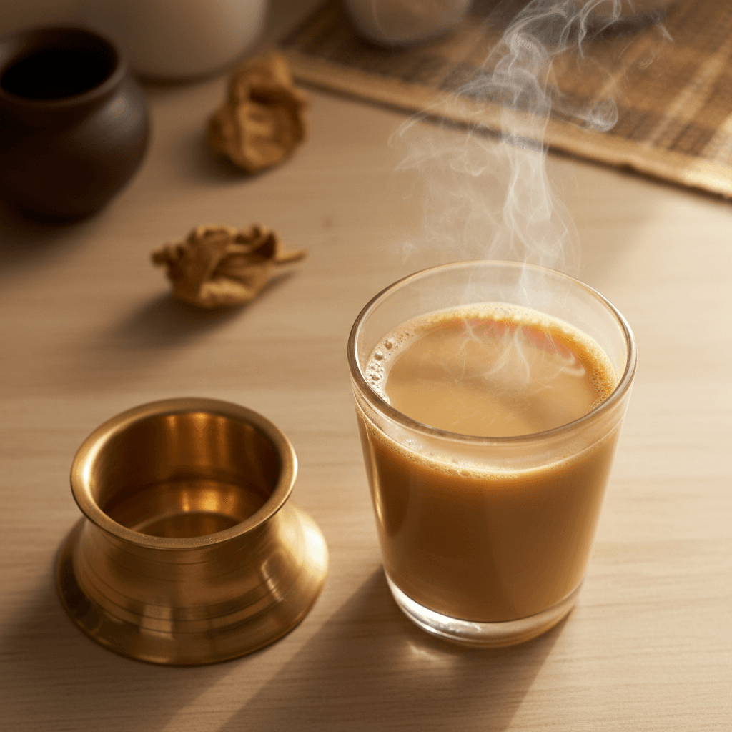 Traditional South Indian tea in brass tumbler holder