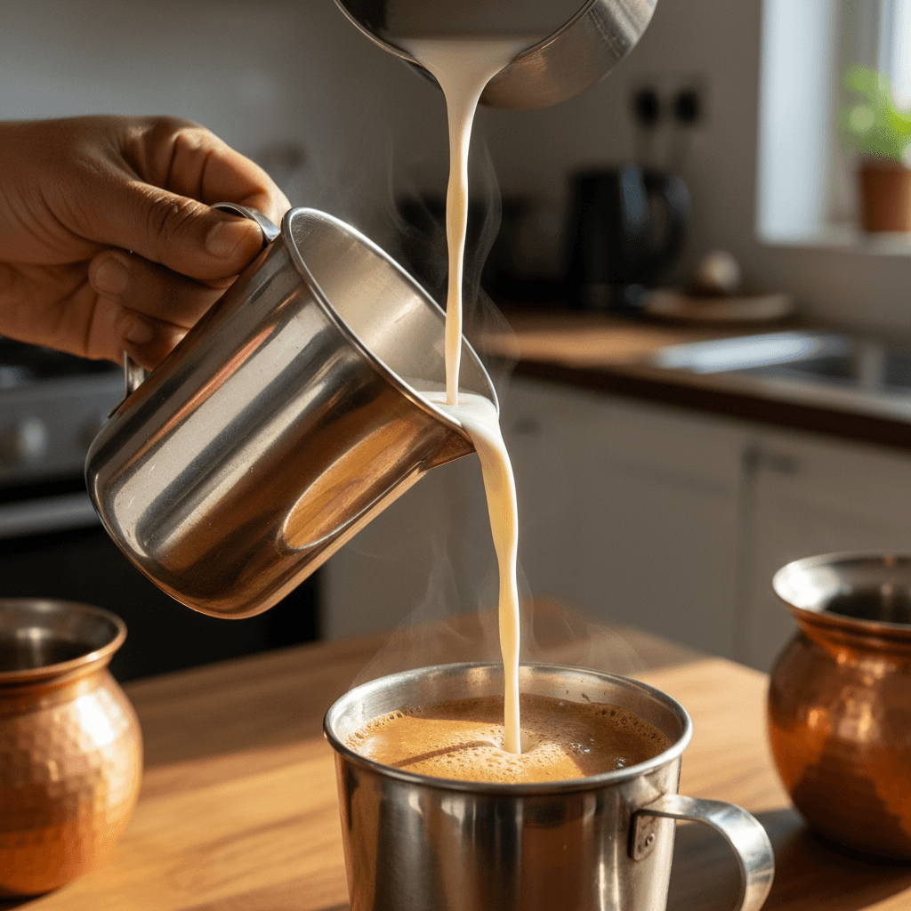Traditional South Indian coffee being brewed with milk pour