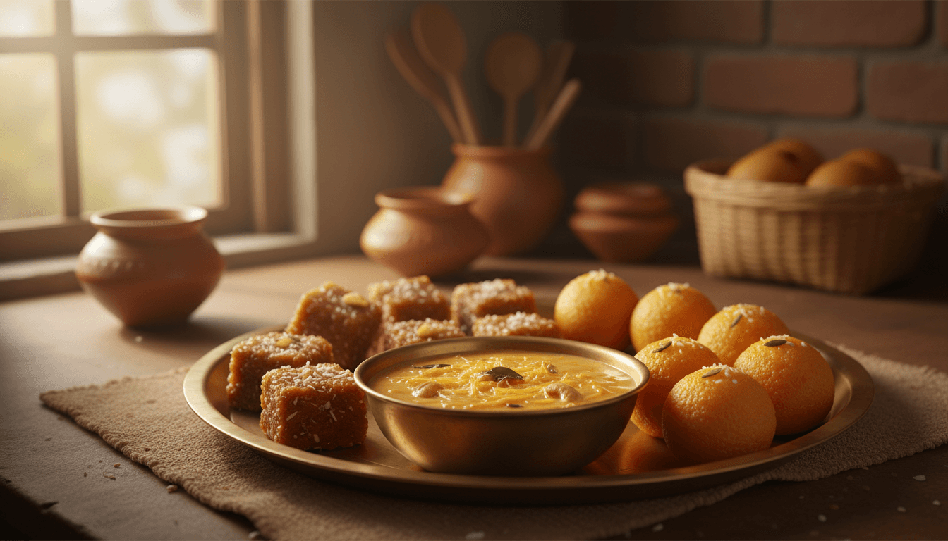 Traditional South Indian sweets arranged on a brass plate in warm morning light