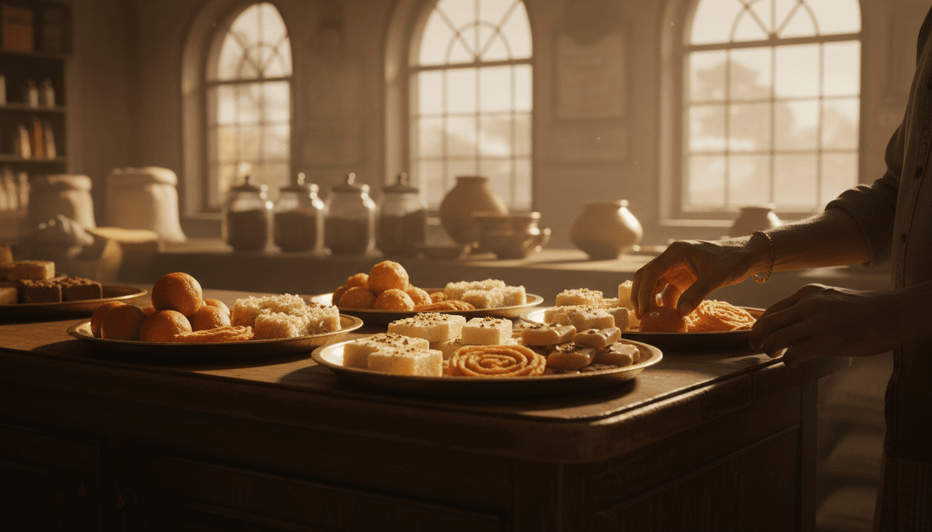 Fresh South Indian sweets and snacks beautifully arranged in a traditional bakery setting with warm morning light